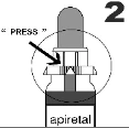 Instruction diagram with the word PRESS and an arrow pointing to the button of the Apiretal medical device, along with a large number 2 in the corner