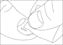 Line drawing showing a hand holding and applying a round component of a medical device to the surface of the body or skin