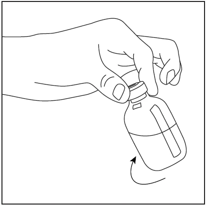 Hand holding a glass bottle with liquid performing a rotational movement indicated by a curved arrow at the bottom of the container