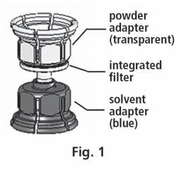 Medical diagram showing a transparent powder adapter, integrated filter, and blue solvent adapter arranged vertically
