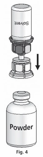 Diagram illustrating the process of connecting a powder vial with the upper vial containing solvent using a black downward-pointing arrow