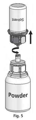 Schematic showing unscrewing the solvent vial Solvent and connecting it to the vial containing powder Powder using a syringe