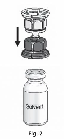 Diagram showing screwing the top part of the dispenser onto the vial labeled Solvent using an arrow indicating downward movement