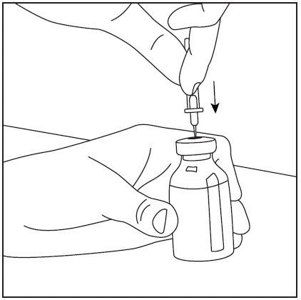Hand holding a medication vial while the other hand presses a dropper vertically downward to draw the preparation from the container
