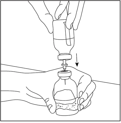 Hands holding a liquid vial and a syringe, one hand pressing the syringe vertically down onto the vial's rubber stopper to withdraw medication