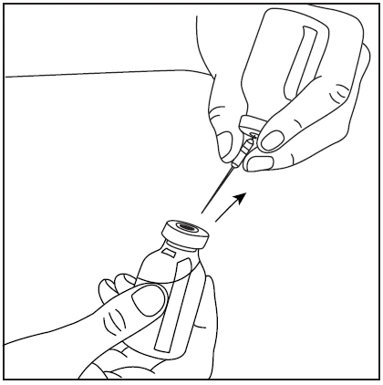 Two hands holding a medication vial and a syringe with needle, bringing the needle toward the stopper's opening to withdraw the preparation