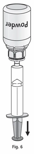 Schematic illustration showing a white container labeled powder connected to a transparent syringe with a black arrow pointing downward