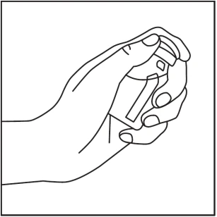 Two hands holding and stabilizing a small glass vial with a cap in vertical position, depicted with black outline lines