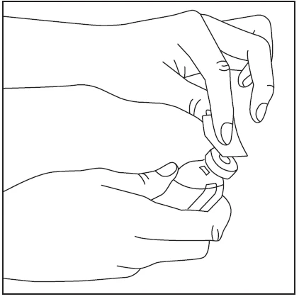 Two hands opening a small vial or medication package, one hand holding the container and the other gently prying or removing the cap