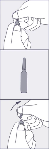 Tre disegni che mostrano le mani che aprono una fiala sollevando il cappuccio di vetro e il processo di preparazione del farmaco per l'uso