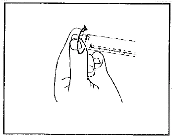 Hand holding a syringe with a marked drug dose, with an arrow indicating the direction of turning or rotating a device component