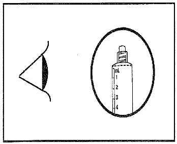 Schematic drawing of an eye looking toward a syringe, with a milliliter scale marked from 1 to 4 placed inside a circle