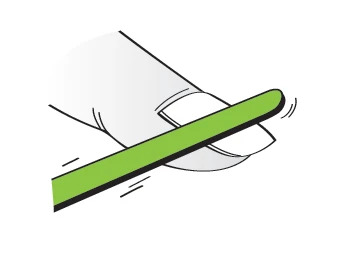 Simplified graphic showing a white hand holding a green, elongated object positioned diagonally on a white background