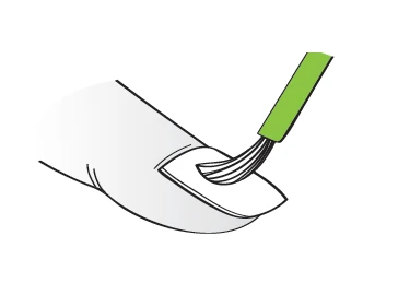 Illustration showing a white finger with a bandage, onto which green strips of material or medical tape are being applied