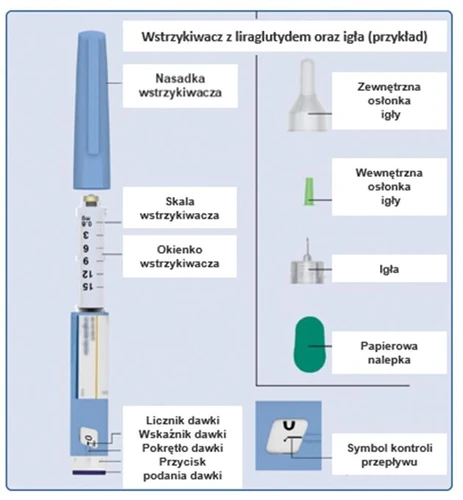 Schema delle parti della penna per liraglutide: tappo, scala, finestra, contatore della dose, pulsante di regolazione, pulsante di somministrazione, ago con protezioni e adesivo di carta