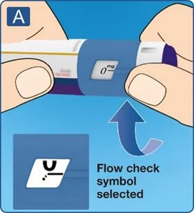 Mani che impugnano una penna blu e bianca con display che indica 0 mg e freccia rivolta verso il simbolo di controllo del flusso del farmaco nella parte inferiore della grafica