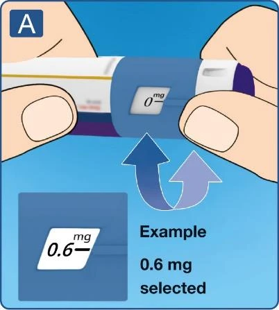 Mani che impugnano una penna bianco-blu con finestra della dose visibile che indica 0,6 mg su sfondo blu con frecce blu