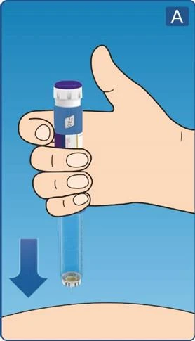 Mano destra che impugna verticalmente una penna bianco-blu, puntando verso il basso su una superficie luminosa del corpo indicata da una freccia blu