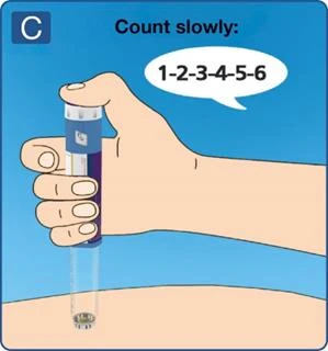Mano che impugna verticalmente la penna con liquido visibile, con una nuvoletta sopra che mostra il conteggio da 1 a 6 su sfondo blu