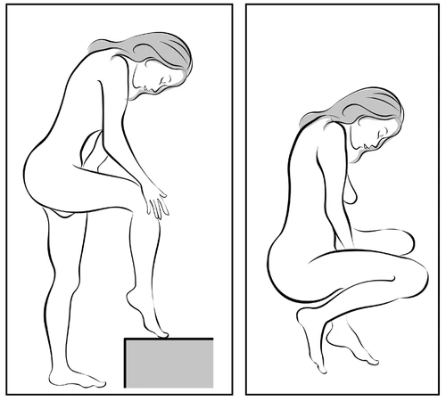 Two black-and-white illustrated silhouettes of women in a squatting position with one leg raised on a platform, representing pain or discomfort in the hip area