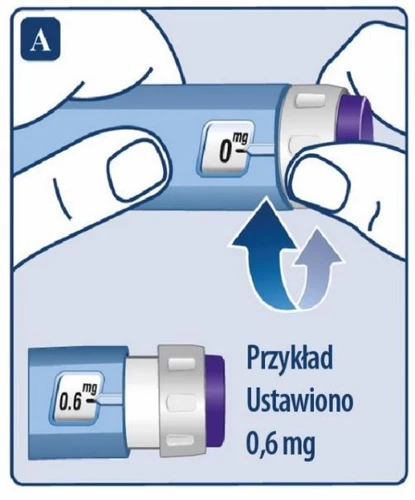 Hands rotating a blue injector to set the dose, showing comparison between 0 mg setting and target dose of 0.6 mg