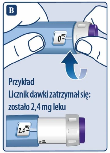 Two hands holding a blue injector with counter showing 0 mg, and a smaller inset showing the counter at 2.4 mg