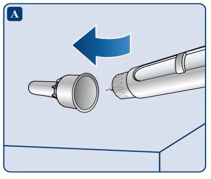Blue arrow indicating direction of placing a white cap onto the injector tip with visible needle on a light blue background