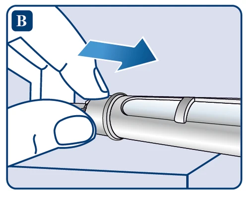 Hands holding a white insulin pen, blue arrow indicating rightward sliding movement on a light background