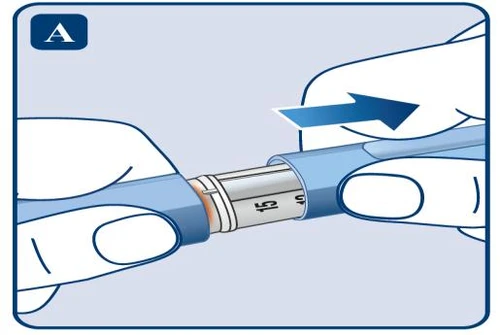 Two hands separating parts of a blue-white medical device, indicating direction of movement with a wide blue arrow