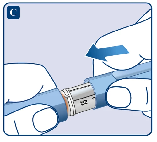 Hands holding a blue injector with visible dose scale and number 15, blue arrow pointing to the left