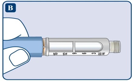 Hand holding a transparent syringe horizontally with a milligram scale from 0.6 to 15 mg on a light blue background with letter B in the corner