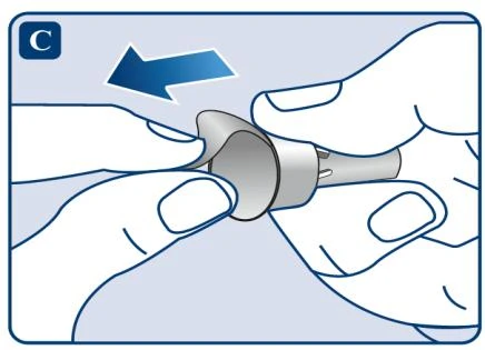 Two hands removing a gray protective cap from the device's tip, indicating direction of movement with a blue arrow next to letter C