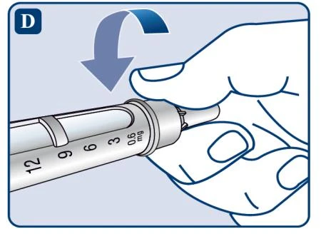 Hand holding a syringe with a milligram scale, indicating rotational movement of the knob with a downward-pointing blue arrow