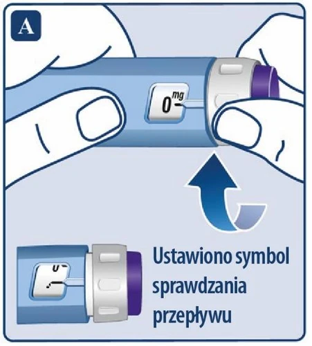Hands holding a blue injector with dose set to 0 mg and an arrow indicating rotational movement, with a smaller inset showing a flow symbol