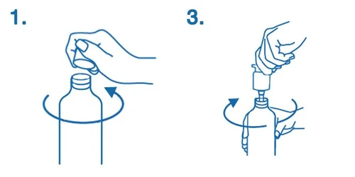 Instruction diagram: left hand unscrewing the bottle cap, right hand holding the dispenser and placing it onto the container neck to close it