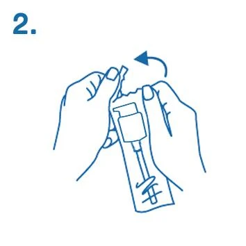 Two hands tearing open the top part of the packaging containing the medication vial, indicated by a blue arrow and the number two in the upper left corner