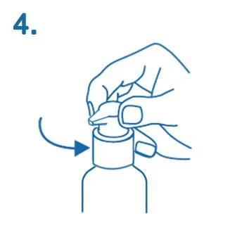 Hands unscrewing the cap from the medication bottle, indicated by a blue arrow and the number 4 in the upper left corner