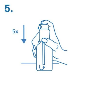 Hand holding the bottle with the dispenser; downward-pointing arrow labeled '5x' and a curved arrow at the bottom indicating rotational movement