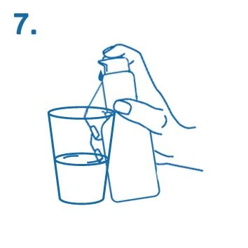 Blue line illustrates a hand holding the medication bottle and pouring liquid into a glass of water placed next to the number 7