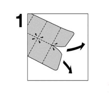 Diagram instruction with the number 1 showing bending the gray packaging along the dashed line, indicated by two black arrows pointing outward