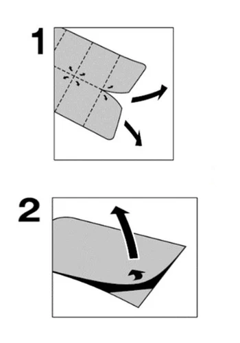 Schema delle istruzioni in due passaggi: il primo mostra la piegatura e la separazione del foglio lungo le linee tratteggiate, il secondo lo scostamento dei margini del materiale