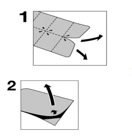 Two-step instruction diagram: the first shows unfolding the paper packaging, the second shows folding the edges downward following the arrows