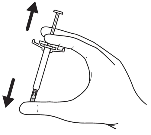Hand holding a syringe with two black arrows indicating upward and downward movements used for adjustment or medication delivery