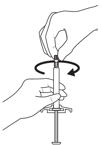 Hands holding a syringe, one hand turning the cap in the direction of a black arrow while the other stabilizes the device body