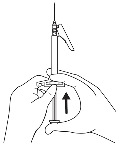 Two hands vertically holding a syringe with needle, one hand stabilizing the device and the other moving the plunger upward as indicated by a black arrow