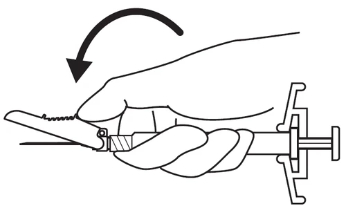 Hand holding a syringe with a black arrow indicating the rotational motion of the cap for removal or securing the device
