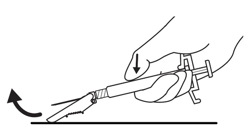 Hand holding an injector with a black arrow pointing downward and a curved arrow indicating the upward lifting motion of the device