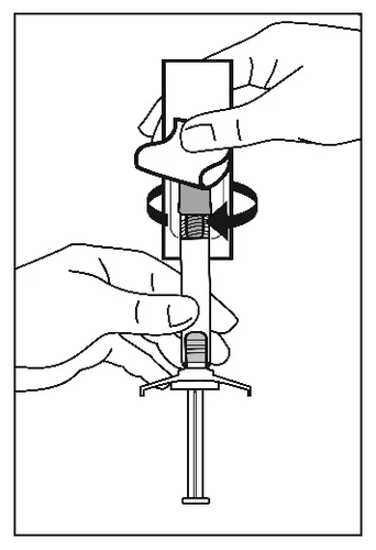 Two hands holding a syringe, one stabilizing the upper part of the device and the other gripping the lower part with the plunger and wings
