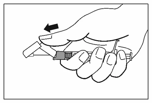 Hand holding a syringe with the thumb moving the plunger toward the tip of the device, indicating the direction of motion as shown by a black arrow