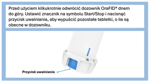 White medication dispenser positioned at an angle, featuring a blue release button and a blue indicator line on the housing, set against a light background